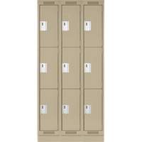 Clean Line Lockers, 3 -tier, Bank of 3, 36" x 18" x 76", Steel, Beige, Rivet (Assembled) Kelford