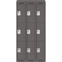 Clean Line Lockers, 3 -tier, Bank of 3, 36" x 18" x 78", Steel, Charcoal, Rivet (Assembled) Kelford