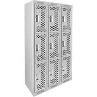 Clean Line Lockers, 3 -tier, Bank of 3, 36" x 12" x 72", Steel, Grey, Rivet (Assembled), Perforated Kelford