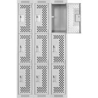 Clean Line Lockers, 3 -tier, Bank of 3, 36" x 12" x 72", Steel, Grey, Rivet (Assembled), Perforated Kelford