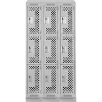 Clean Line Lockers, 3 -tier, Bank of 3, 36" x 15" x 82", Steel, Grey, Rivet (Assembled), Perforated Kelford