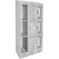 Clean Line Lockers, 3 -tier, Bank of 3, 36" x 15" x 82", Steel, Grey, Rivet (Assembled), Perforated Kelford