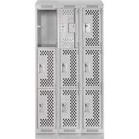 Clean Line Lockers, 3 -tier, Bank of 3, 36" x 15" x 82", Steel, Grey, Rivet (Assembled), Perforated Kelford
