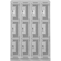 Clean Line Lockers, 3 -tier, Bank of 4, 48" x 15" x 82", Steel, Grey, Rivet (Assembled), Perforated Kelford
