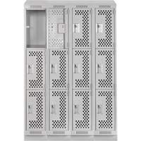 Clean Line Lockers, 3 -tier, Bank of 4, 48" x 15" x 82", Steel, Grey, Rivet (Assembled), Perforated Kelford