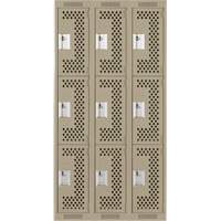 Clean Line Lockers, 3 -tier, Bank of 3, 36" x 12" x 72", Steel, Beige, Rivet (Assembled), Perforated Kelford