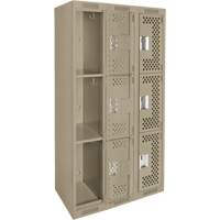 Clean Line Lockers, 3 -tier, Bank of 3, 36" x 12" x 72", Steel, Beige, Rivet (Assembled), Perforated Kelford
