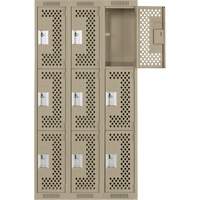 Clean Line Lockers, 3 -tier, Bank of 3, 36" x 12" x 72", Steel, Beige, Rivet (Assembled), Perforated Kelford