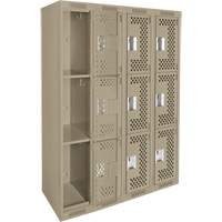Clean Line Lockers, 3 -tier, Bank of 4, 48" x 12" x 72", Steel, Beige, Rivet (Assembled), Perforated Kelford