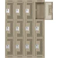 Clean Line Lockers, 3 -tier, Bank of 4, 48" x 12" x 72", Steel, Beige, Rivet (Assembled), Perforated Kelford