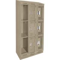 Clean Line Lockers, 3 -tier, Bank of 3, 36" x 15" x 82", Steel, Beige, Rivet (Assembled), Perforated Kelford