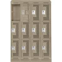 Clean Line Lockers, 3 -tier, Bank of 4, 48" x 15" x 82", Steel, Beige, Rivet (Assembled), Perforated Kelford