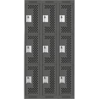 Clean Line Lockers, 3 -tier, Bank of 3, 36" x 12" x 72", Steel, Charcoal, Rivet (Assembled), Perforated Kelford