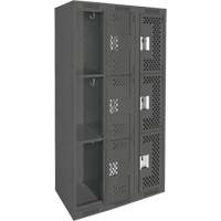 Clean Line Lockers, 3 -tier, Bank of 3, 36" x 12" x 72", Steel, Charcoal, Rivet (Assembled), Perforated Kelford