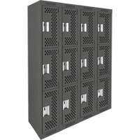 Clean Line Lockers, 3 -tier, Bank of 4, 48" x 12" x 72", Steel, Charcoal, Rivet (Assembled), Perforated Kelford