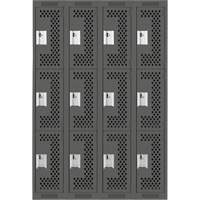 Clean Line Lockers, 3 -tier, Bank of 4, 48" x 12" x 72", Steel, Charcoal, Rivet (Assembled), Perforated Kelford