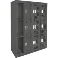 Clean Line Lockers, 3 -tier, Bank of 4, 48" x 12" x 72", Steel, Charcoal, Rivet (Assembled), Perforated Kelford