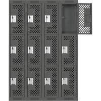 Clean Line Lockers, 3 -tier, Bank of 4, 48" x 12" x 72", Steel, Charcoal, Rivet (Assembled), Perforated Kelford