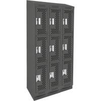 Clean Line Lockers, 3 -tier, Bank of 3, 36" x 15" x 82", Steel, Charcoal, Rivet (Assembled), Perforated Kelford
