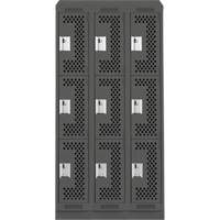 Clean Line Lockers, 3 -tier, Bank of 3, 36" x 15" x 82", Steel, Charcoal, Rivet (Assembled), Perforated Kelford