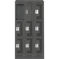 Clean Line Lockers, 3 -tier, Bank of 3, 36" x 15" x 82", Steel, Charcoal, Rivet (Assembled), Perforated Kelford