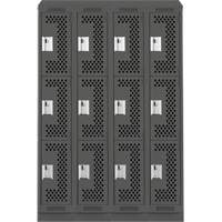 Clean Line Lockers, 3 -tier, Bank of 4, 48" x 15" x 82", Steel, Charcoal, Rivet (Assembled), Perforated Kelford