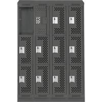 Clean Line Lockers, 3 -tier, Bank of 4, 48" x 15" x 82", Steel, Charcoal, Rivet (Assembled), Perforated Kelford