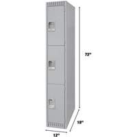Lockers, 3 -tier, 12" x 18" x 72", Steel, Grey, Knocked Down Kelford
