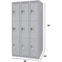 Lockers, 3 -tier, Bank of 3, 36" x 18" x 72", Steel, Grey, Knocked Down Kelford