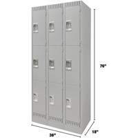 Lockers, 3 -tier, Bank of 3, 36" x 18" x 76", Steel, Grey, Knocked Down Kelford