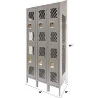 Vented Lockers, 2 -tier, Bank of 3, 36 x 18" x 88", Steel, Grey, Knocked Down, Perforated Kelford