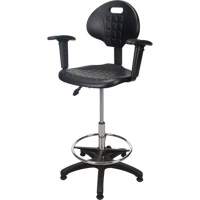 Tabouret ergonomique robuste avec accoudoirs r&eacute;glables, Stationnaire, Ajustable, 39" - 48", Polyur&eacute;thane Si&egrave;ge, Noir Kelford
