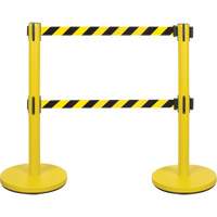 Dual Belt Crowd Control Barrier, Steel, 35" H, Black/Yellow Tape, 7' Tape Length Kelford