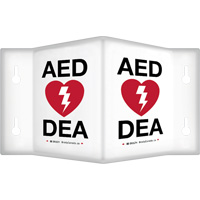 90° Projecting "AED/DEA" Sign, 6" x 5", Plastic, Bilingual with Pictogram Kelford