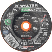 FLEXCUT MILL SCALE Grinding Wheel, 4-1/2", 36 Grit, Aluminum Oxide, 5/8"-11, 13300 RPM, Type 29 Kelford