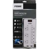 USB Charging Surge Protectors, 8 Outlets, 2400 J, 1875 W, 6' Cord Kelford
