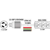 Generator Extension Cord with Tritap, STW, 10 AWG, 3 Outlet(s), 25' Kelford